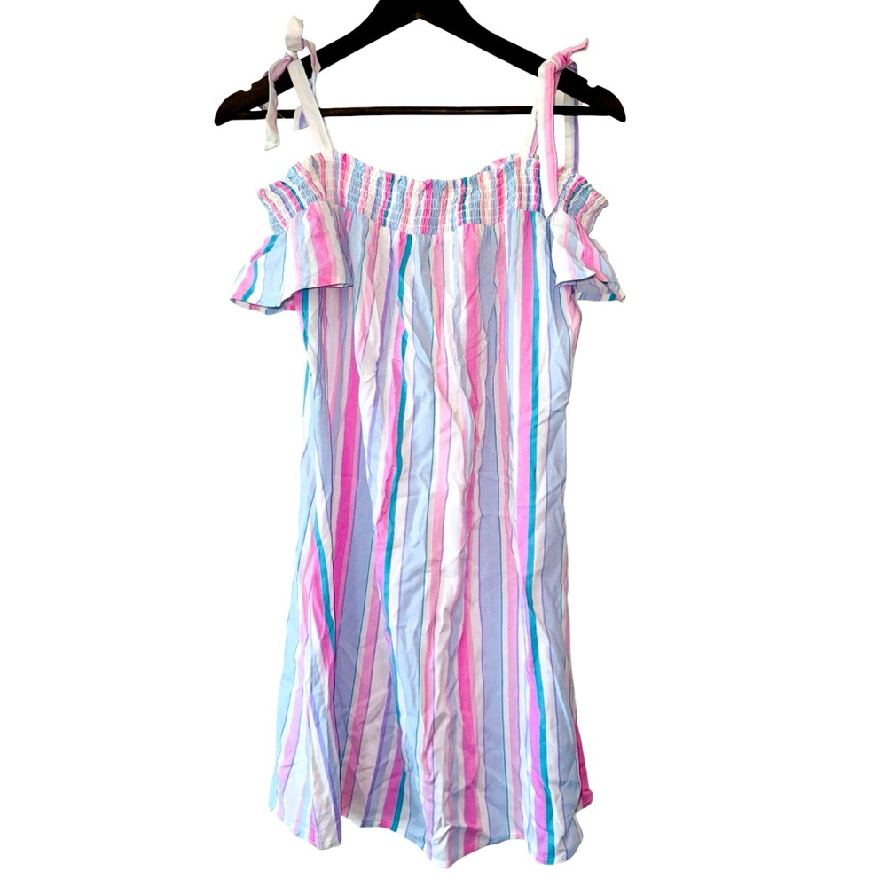 Candies Women’s Pink Stripped Baby Doll Flutter Sleeve Off Shoulder Dress Sz S